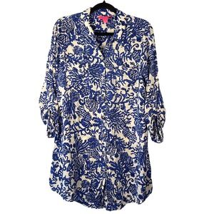 Lilly Pulitzer Blue White M Button Up Dress Beach Vacation Turtles Nautical